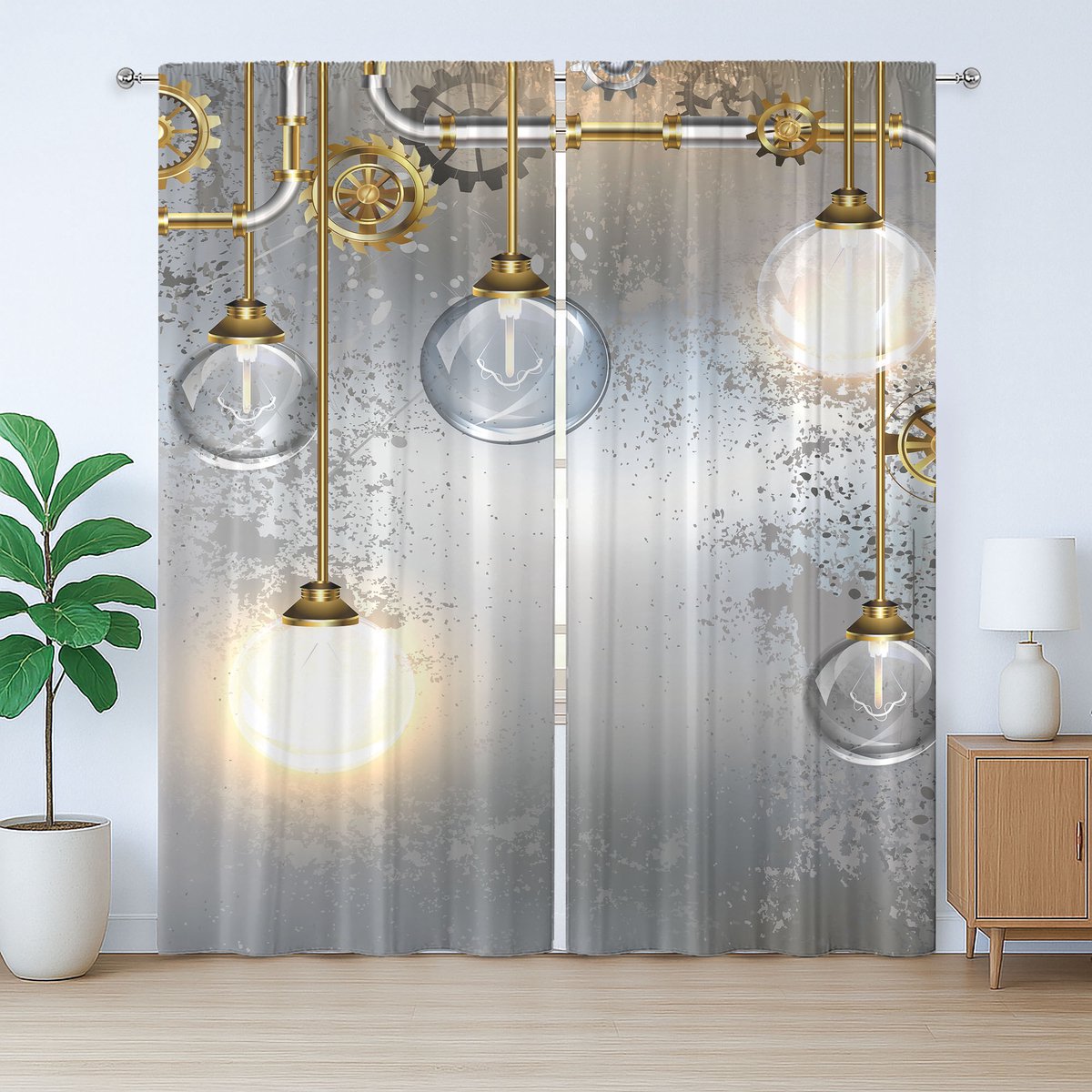 ABAKUHAUS Industriële rustieke gordijnen, steampunk antiek, universele gordijnen met lussen en haken voor de woonkamer, 280 x 175 cm, geelgrijs wit