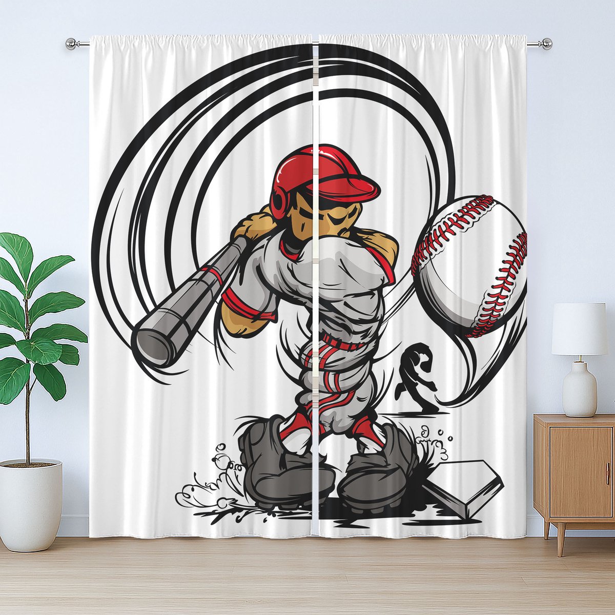 ABAKUHAUS Rustiek gordijn voor tienerkamer, cartoonfiguur voor kinderen, Gordijn met plooien, lussen en haken, 280 x 225 cm, wit, grijs, rood