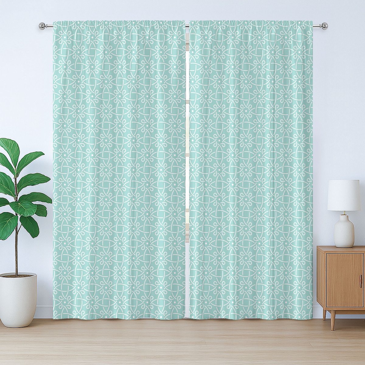 ABAKUHAUS Retro Rustiek Gordijn, Aqua Keltische Patronen, Slaapkamergordijn met Plooiing, Lussen en Haken, 280 x 260 cm, Blauw Wit