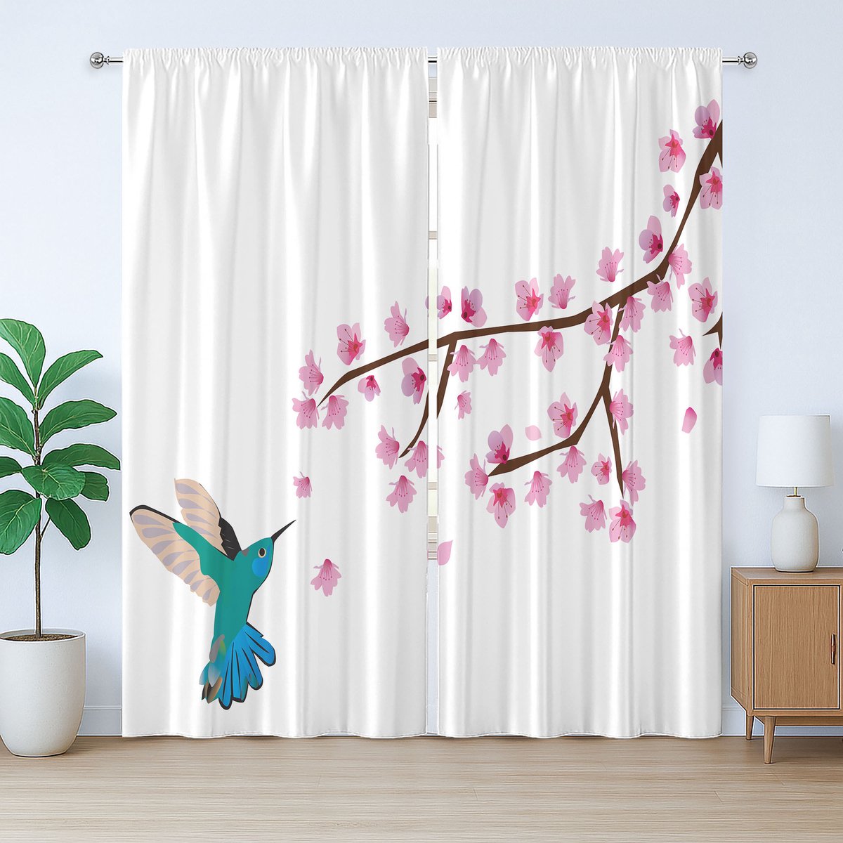 ABAKUHAUS Rustiek Lentegordijn, Kersenbloesems en Vogel, met Bandjes, Lusjes en Haken voor de Woonkamer, 280 x 175 cm, Wit Roze Turkoois