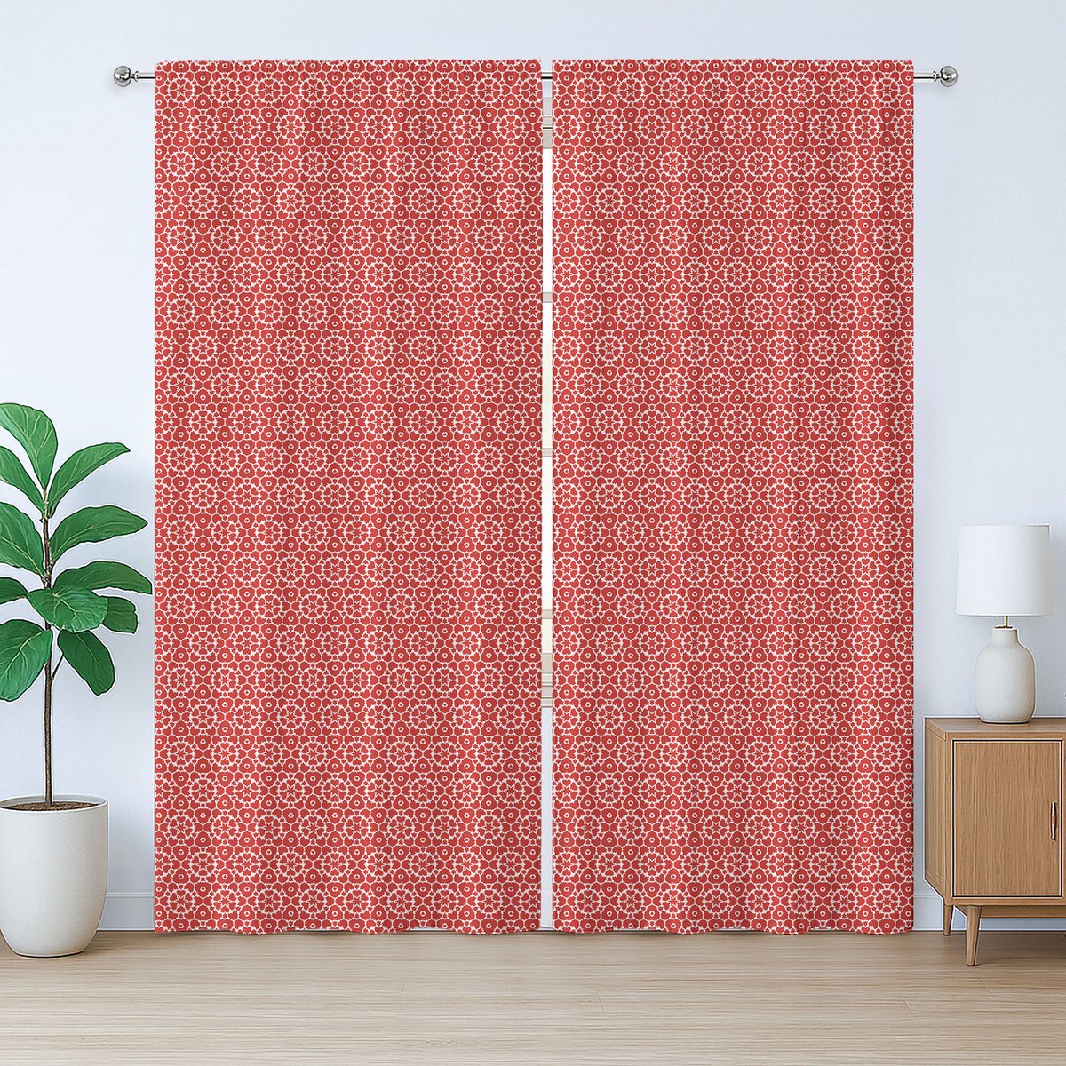 ABAKUHAUS Rustiek rastergordijn, complex geometrisch ornament, met lussen en haken voor de woonkamer, 280 x 175 cm, vermiljoen en wit