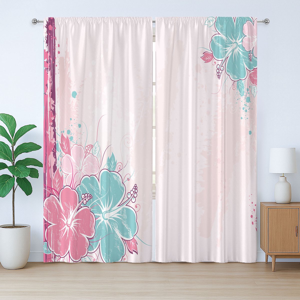 ABAKUHAUS Rustiek bloemengordijn, boeket hibiscuskunst, met lussen en haken voor de woonkamer, 280 x 245 cm, turquoise lichtroze