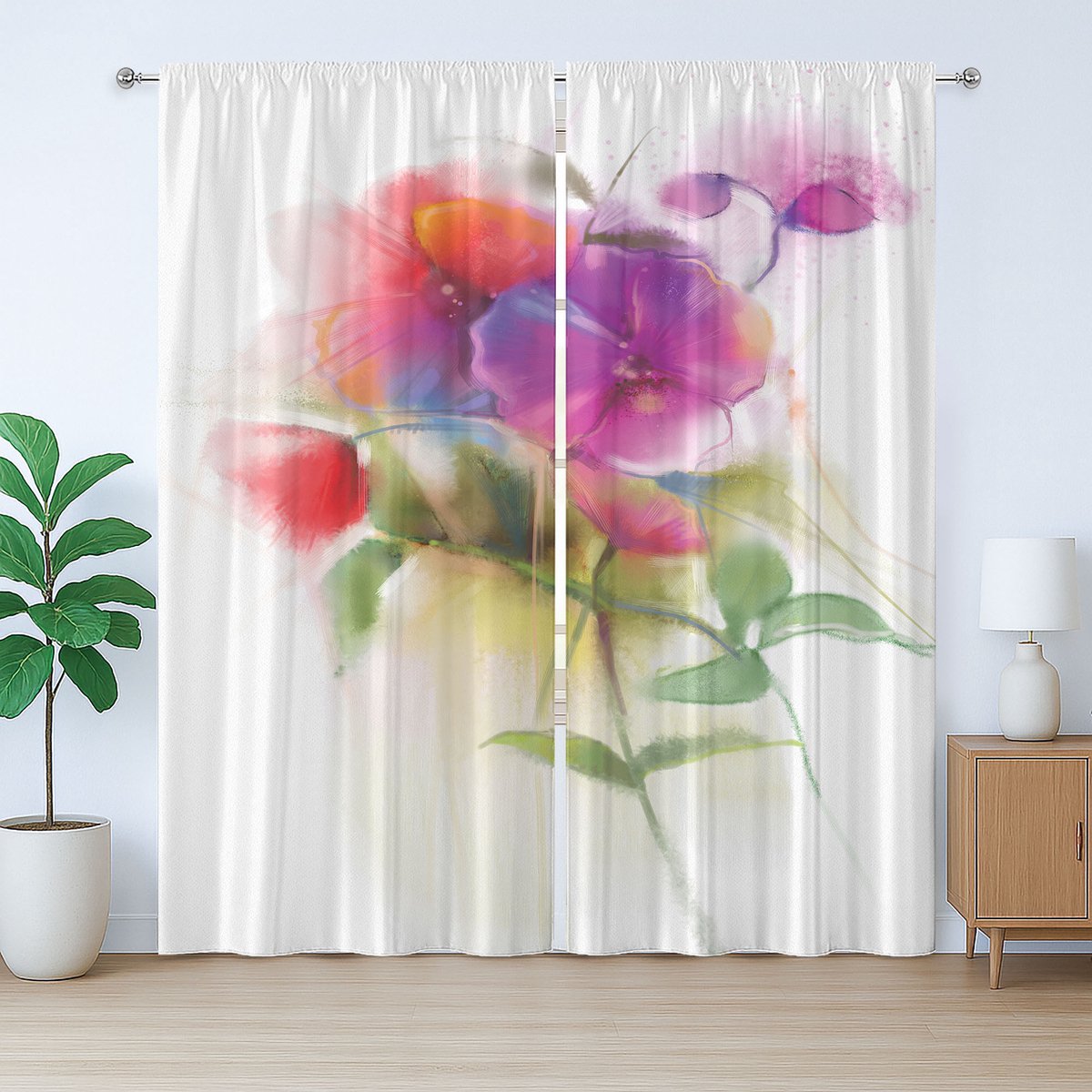 ABAKUHAUS Rustiek gordijn met bloemenprint, pastelkleurige bloeiende orchidee, met lussen en haken voor de slaapkamer, 280 x 175 cm, violetgroen