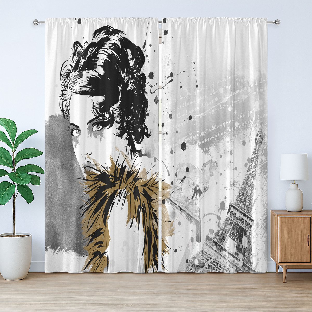 ABAKUHAUS Modern rustiek gordijn, Parijs model voor meisjes, slaapkamergordijn met plooiband, lussen en haken, 280 x 225 cm, grijs en wit