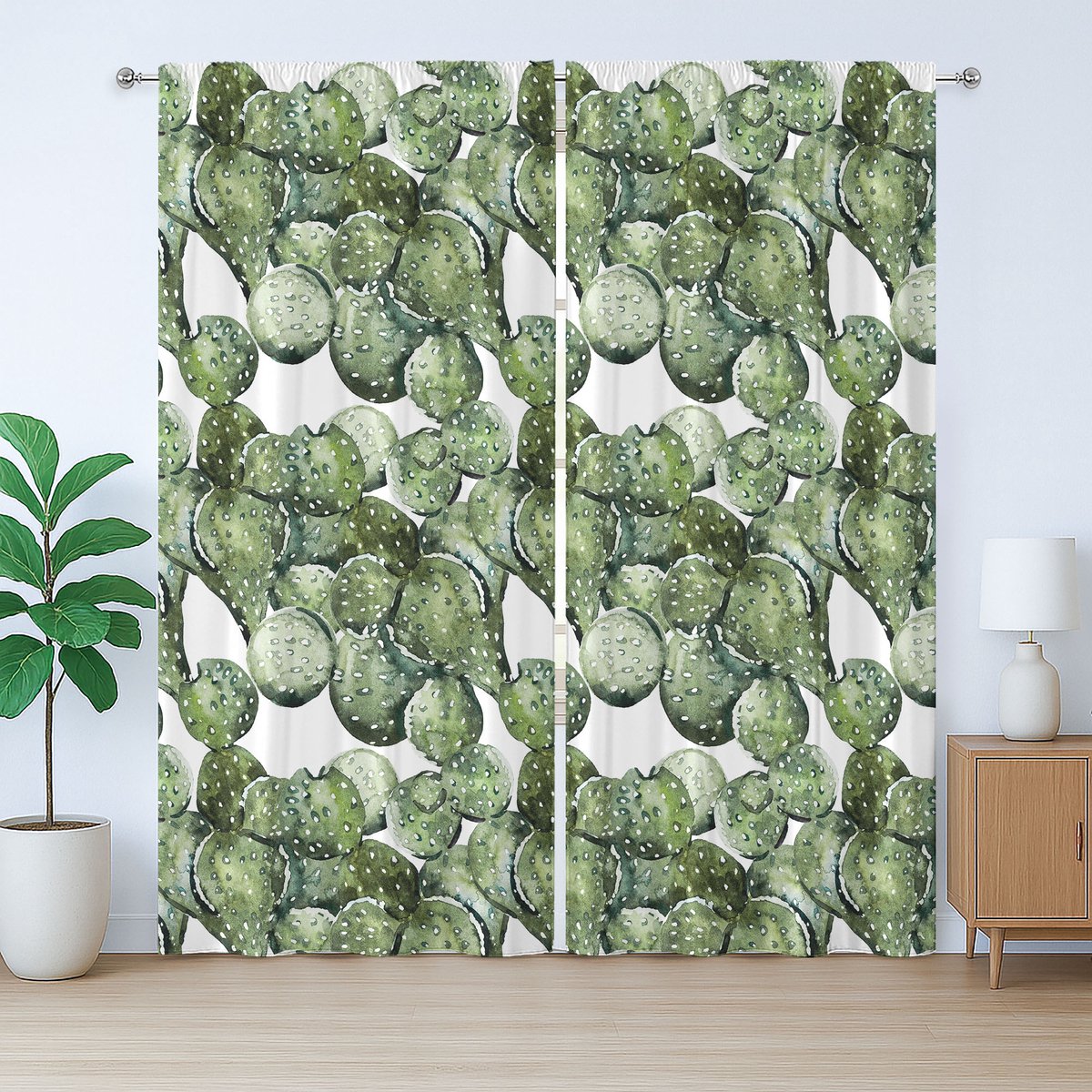 ABAKUHAUS Cactus Rustiek Gordijn, Opuntia Plant Aquarel, met Bandjes voor de Woonkamer met Lussen en Haken, 280 x 245 cm, Groen Wit