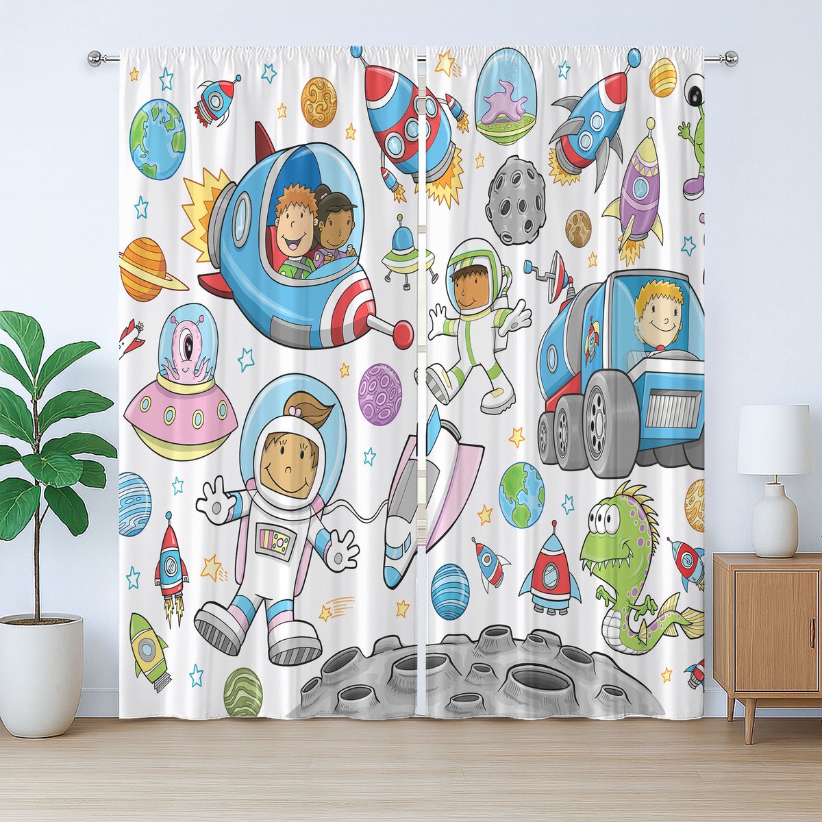 ABAKUHAUS Cartoon Rustiek Gordijn, Raketmotief Kinderkamer, Gordijn met Plisséband, Lussen en Haken, 280 x 225 cm, Lichtblauw Wit Groen