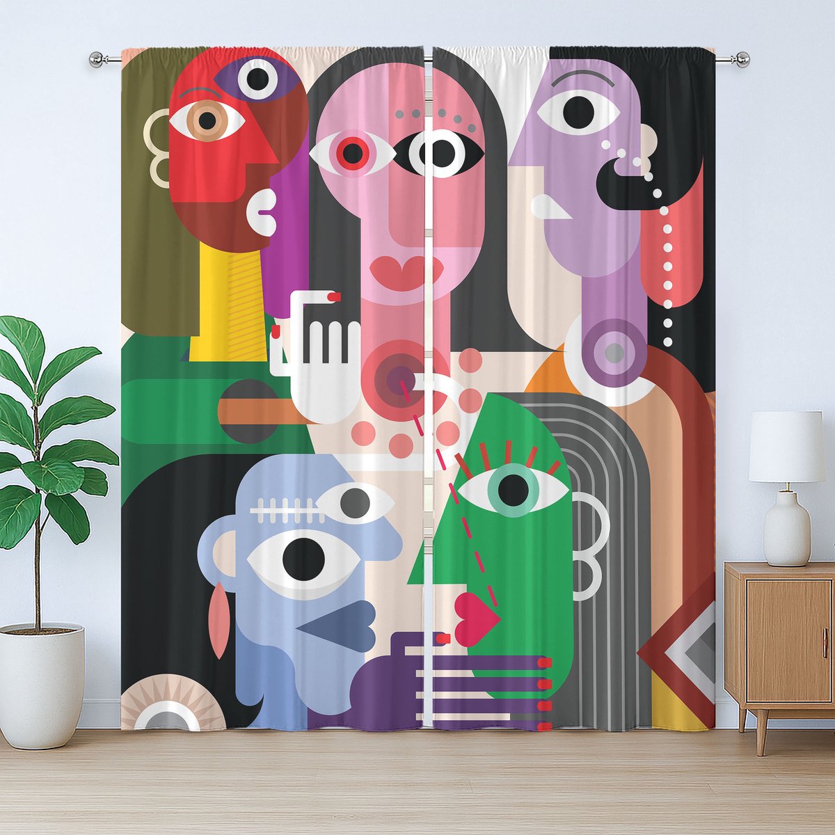 ABAKUHAUS Art Rustiek Gordijn, Modern Abstract Kleurrijk Design, voor de Slaapkamer met Lusjes en Haken, 280 x 225 cm, Roze Blauw Groen