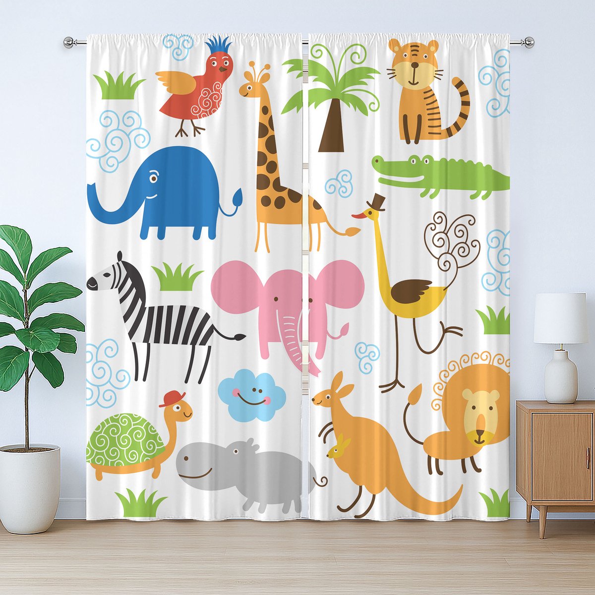 ABAKUHAUS Rustiek dierengordijn, Safari Giraffe Olifant, Geplooid gordijn voor de slaapkamer met lussen en haken, 280 x 175 cm, Wit Geel Blauw