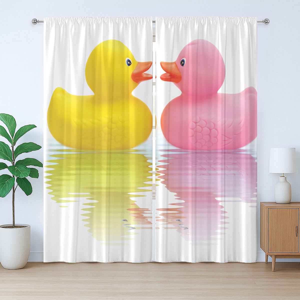 ABAKUHAUS Rustiek gordijn met rubberen eendjes, verliefde eendjeskoppels, met lussen en haken voor de woonkamer, 280 x 175 cm, wit, geel, roze