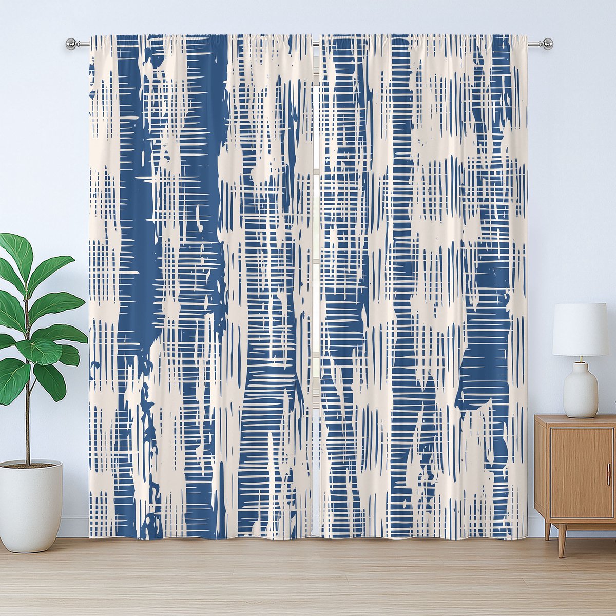 ABAKUHAUS Batik Rustiek Gordijn, Abstracte Gestreepte Grunge, Slaapkamergordijn met Plooiing, Lusjes en Haken, 280 x 175 cm, Marineblauw Crème