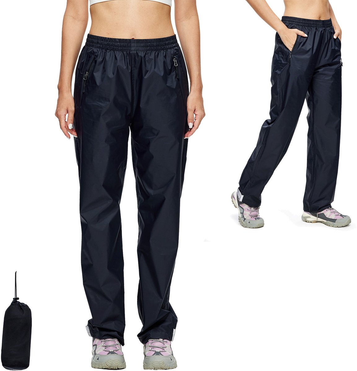 BUBW® Regenbroek Dames - 100% Waterdicht（5000 g/m²）- Ademend en Winddicht - Met Reflecterende strepen - Inclusief opbergtas - Maat XL - Zwart