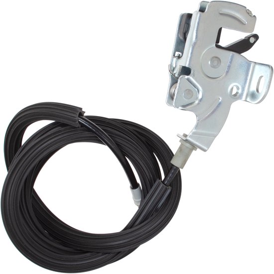 Zilverkleurig slotmechanisme met zwarte kabel en metalen L-vormige connector.