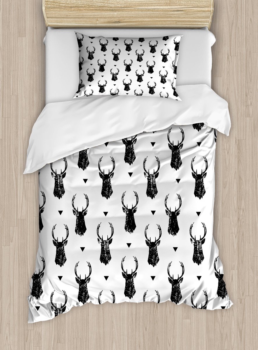 ABAKUHAUS Dekbedovertrekset met hertenprint voor eenpersoonsbedden, monochroom dierenhoofd, inclusief kussensloop, 130 x 200 cm