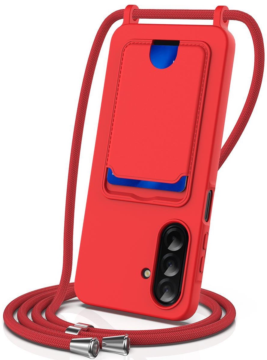Mobigear Telefoonhoesje geschikt voor Samsung Galaxy A57 Siliconen met Kaarthouder | Mobigear Lanyard Card Hoesje met koord en Pasjeshouder | Kaarthouder voor 1 Pasje | hoesje met koord Telefoonhoesje voor Pinpas / OV Kaart / Rijbewijs - Rood