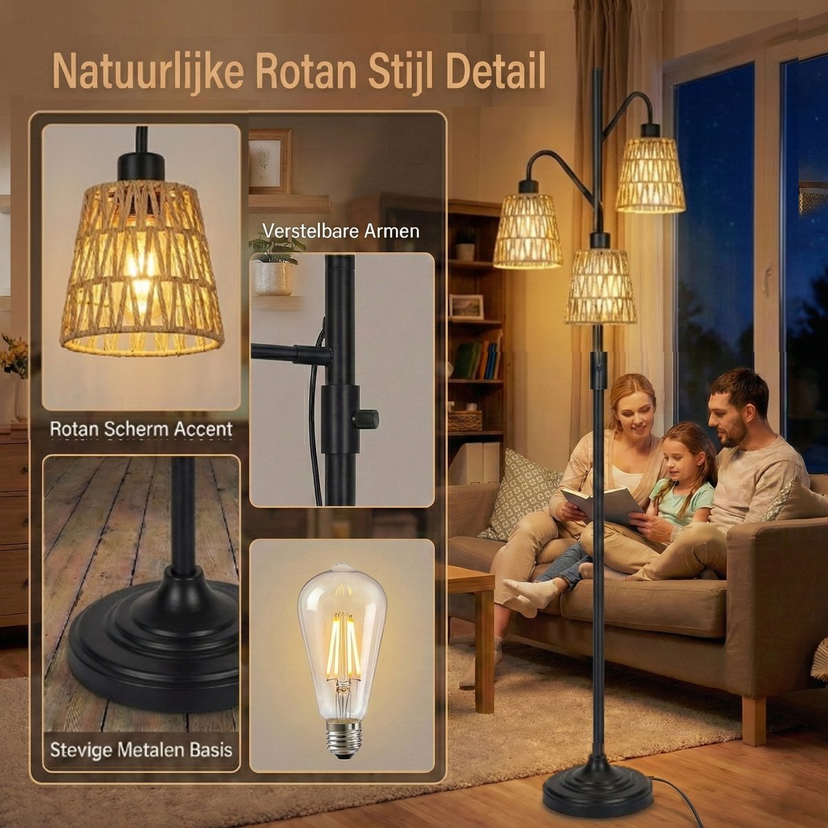 MUPOO Bohemian Rotan Vloerlamp 3-Lichts met Zwart Metaal thumbnail 2