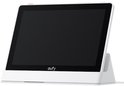 Wit Eufy E10 smart display op een witte standaard.