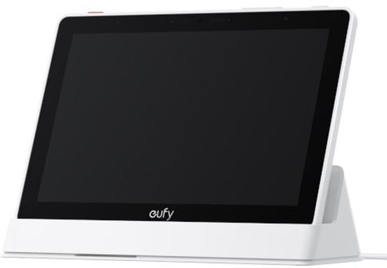 Wit Eufy E10 smart display op een witte standaard.