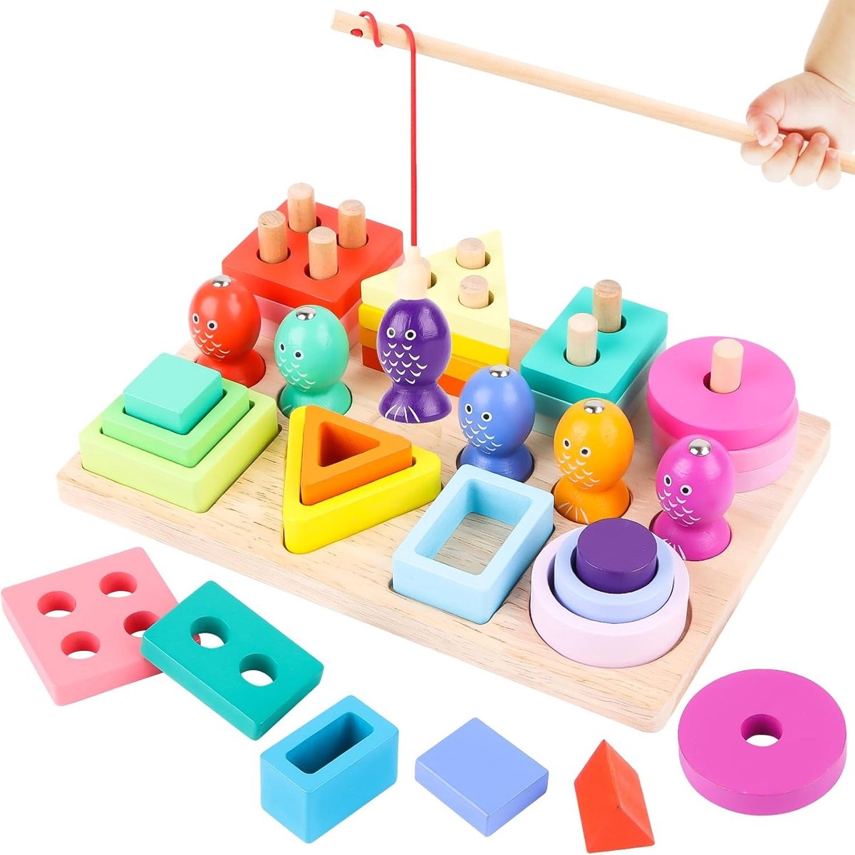 Montessori Houten Speelgoed 3-in-1 - Hengelspel & Vormenstoof - Stapelspeelgoed - 28 Blokken - Educatief Cadeau voor Peuters 1, 2, 3 Jaar - Kleurrijk