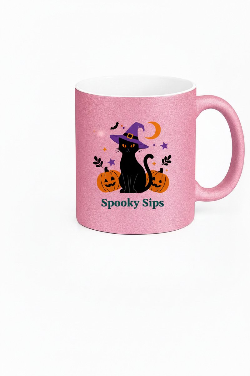 Spooky Sips Halloween Mok - Roze Glitter Kat Heks Design