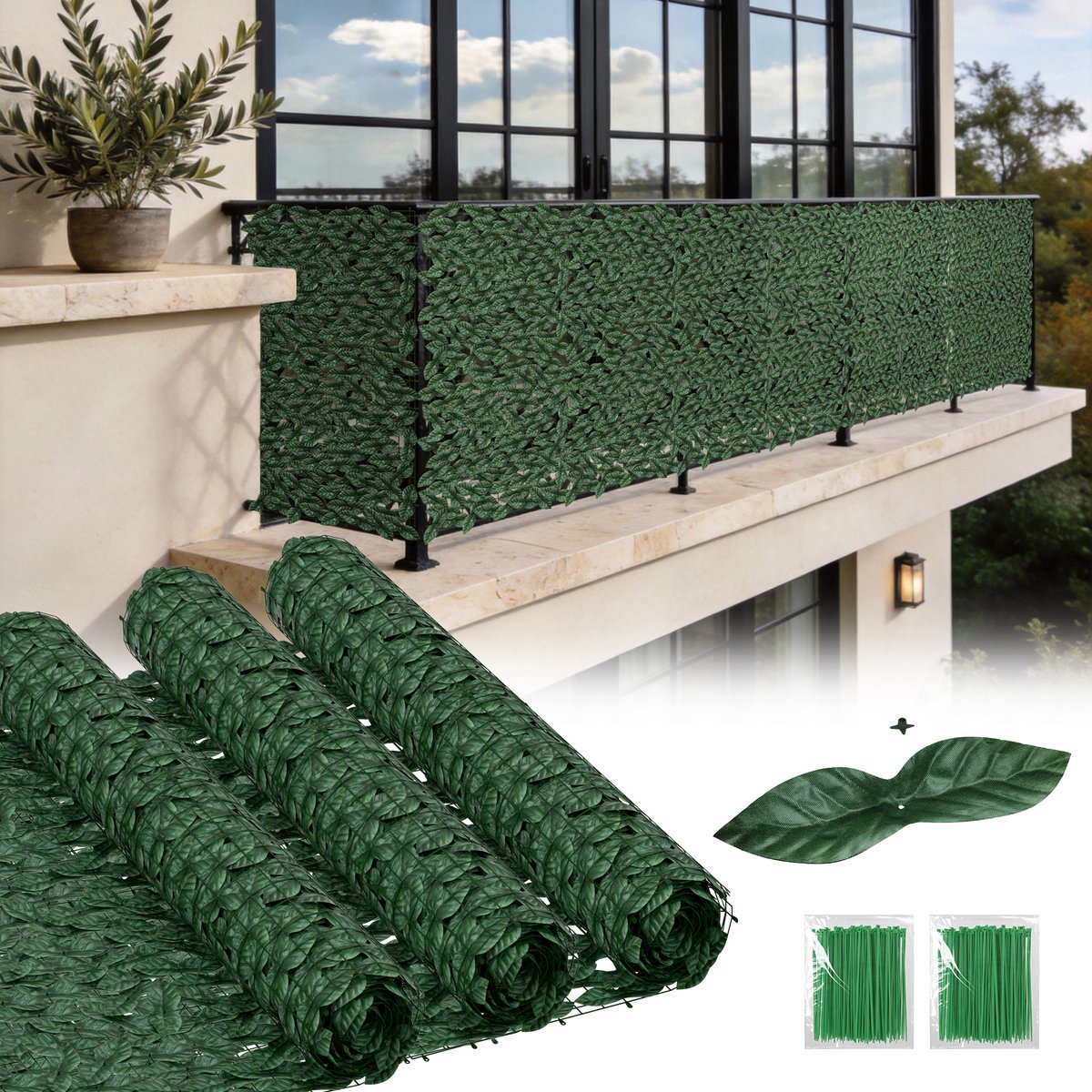 Froadp 100x600cm Kunstklimop privacyscherm, PE-bladeren kunnen worden bevestigd, privacyscherm voor balkon inclusief 2 sets kabelbinders, groenblijvend, uitbreidbaar tuinscherm, weerbestendig privacyscherm met klimopbladeren