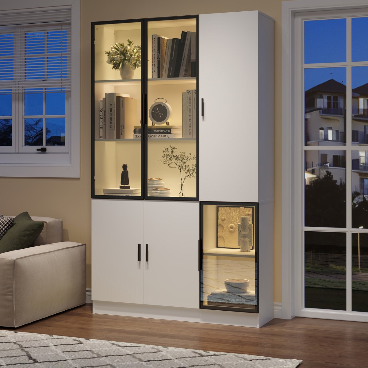 OKWISH Vitrinekast Met Led-Verlichting - 120x35x200 Cm - 3 Glazen Deuren Met Aluminiumframe - 10 Opbergvakken - Spaanplaat Wit