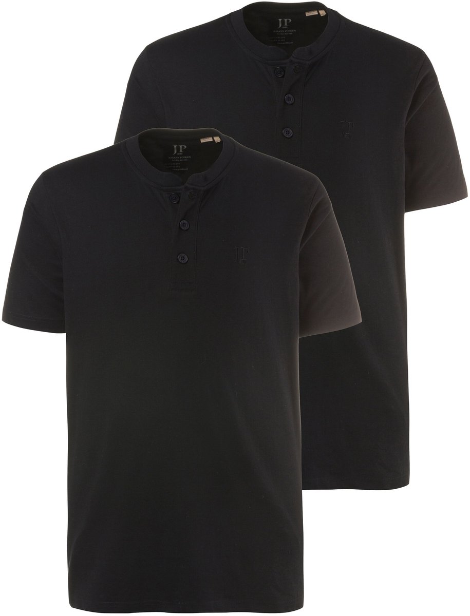 JP 1880 - Heren - Henleys basic set van 2 ronde hals knoopsluiting - Zwart - Maat L