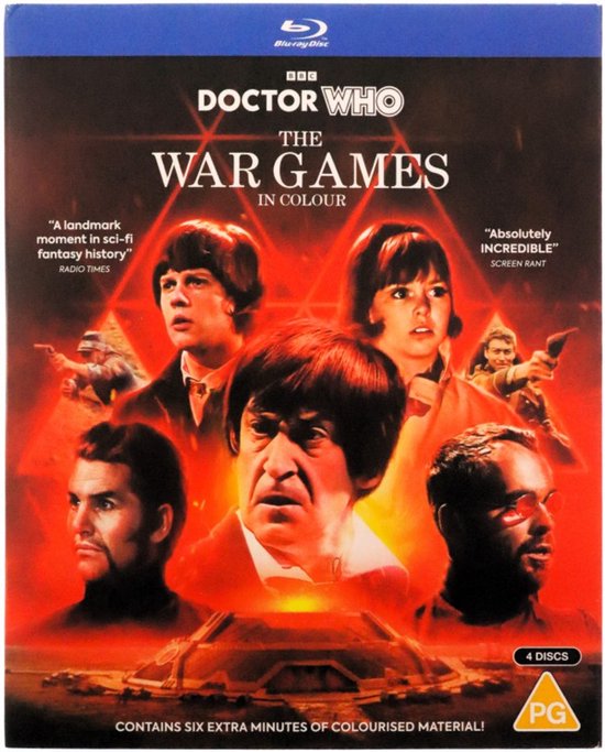 De voorkant van de Blu-ray-hoes van Doctor Who: The War Games, met de Doctor en zijn gezelschap in een dramatische scène.