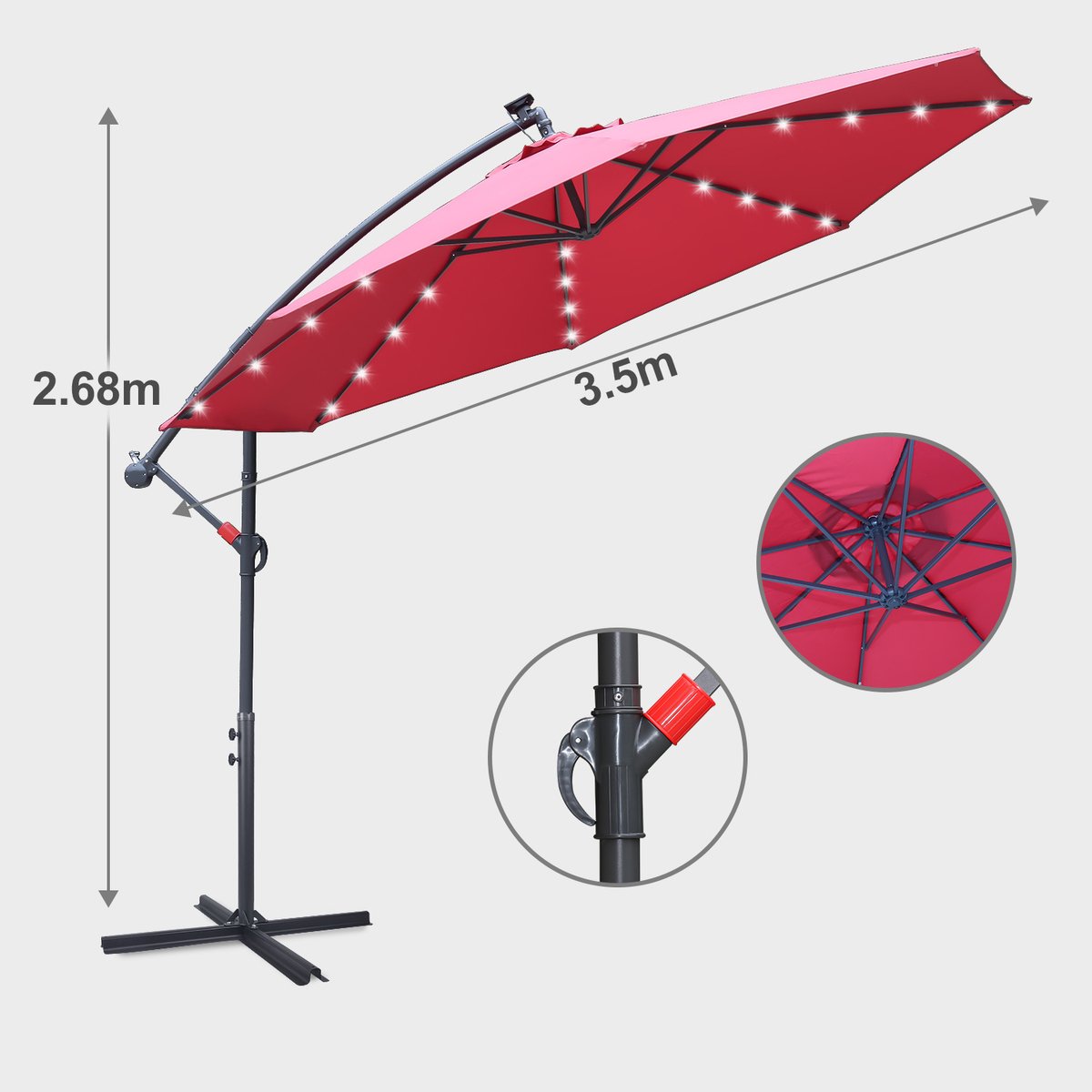 Zweefparasols - 350CM - Solar LED Verlichting 32x Wit - UV 50+ bescherming (blokkeert 98% UV) - Multi-angle Kantelbaar & Draaibaar - Windbestendig frame 8 Ribben - Incl. Kruisvoet - Waterafstotend doek Rood – foto 5