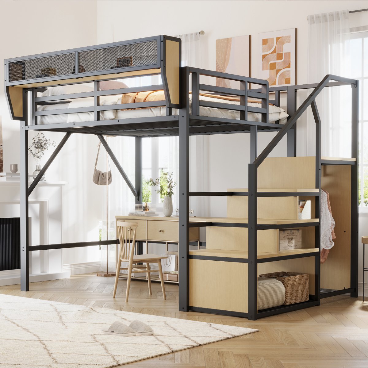 STILVORA Hoogslaper 140x200 Cm – Met Veilige Ladder – Met Verstelbaar Opbergrek – Ruimte Onder Bed 140 Cm – Modern Metaal – Zonder matras – Zwart