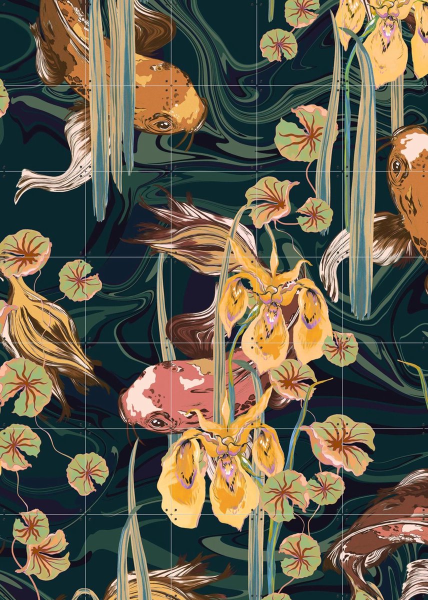 IXXI Koi Pond Petrol Olive, Marylène Madou - 100 x 140 cm - Gratis ophangtool - Grote wanddecoratie en posters - Art Nouveau, Illustraties, Digitale