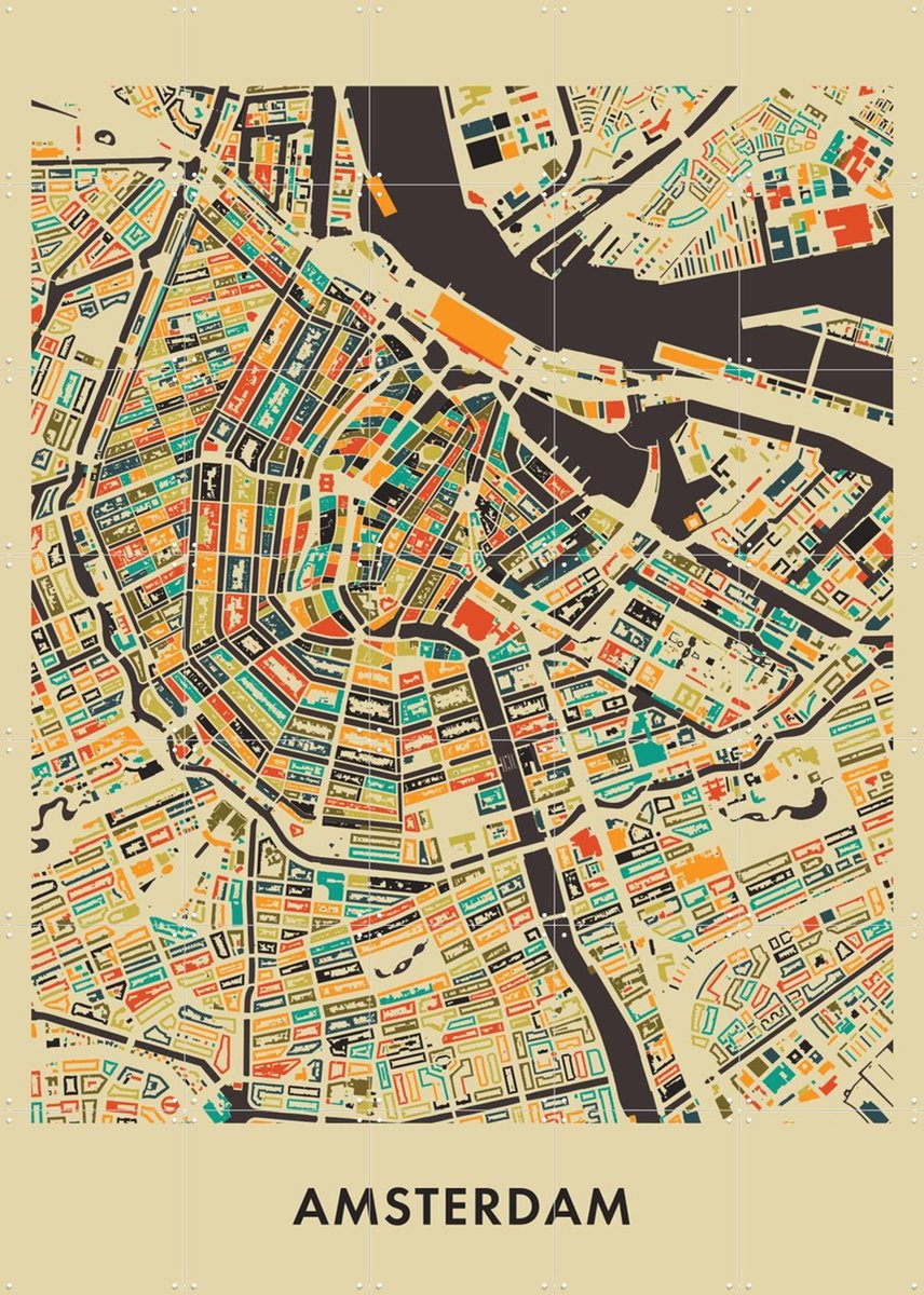 IXXI Amsterdam Mosaic Map, Kunst in Kaart - 100 x 140 cm - Gratis ophangtool - Grote wanddecoratie en posters - Geometrische Kunst, Grafisch Ontwerp