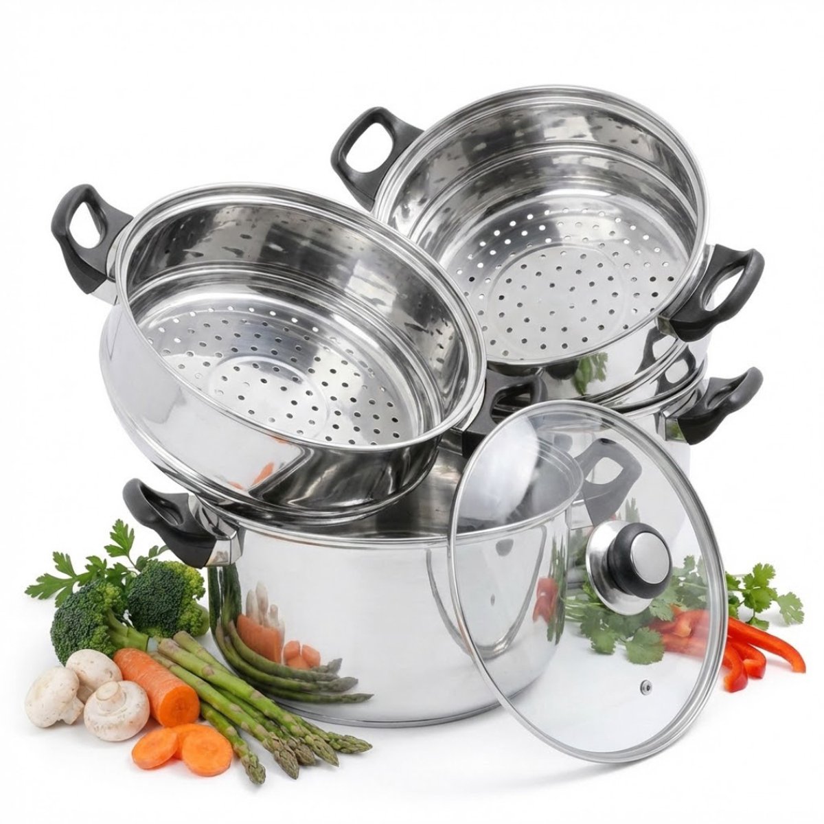 NBAP® Stoompan - Stoommandje - Stoofpan met Deksel - 3 Laags - Zilver met Zwart