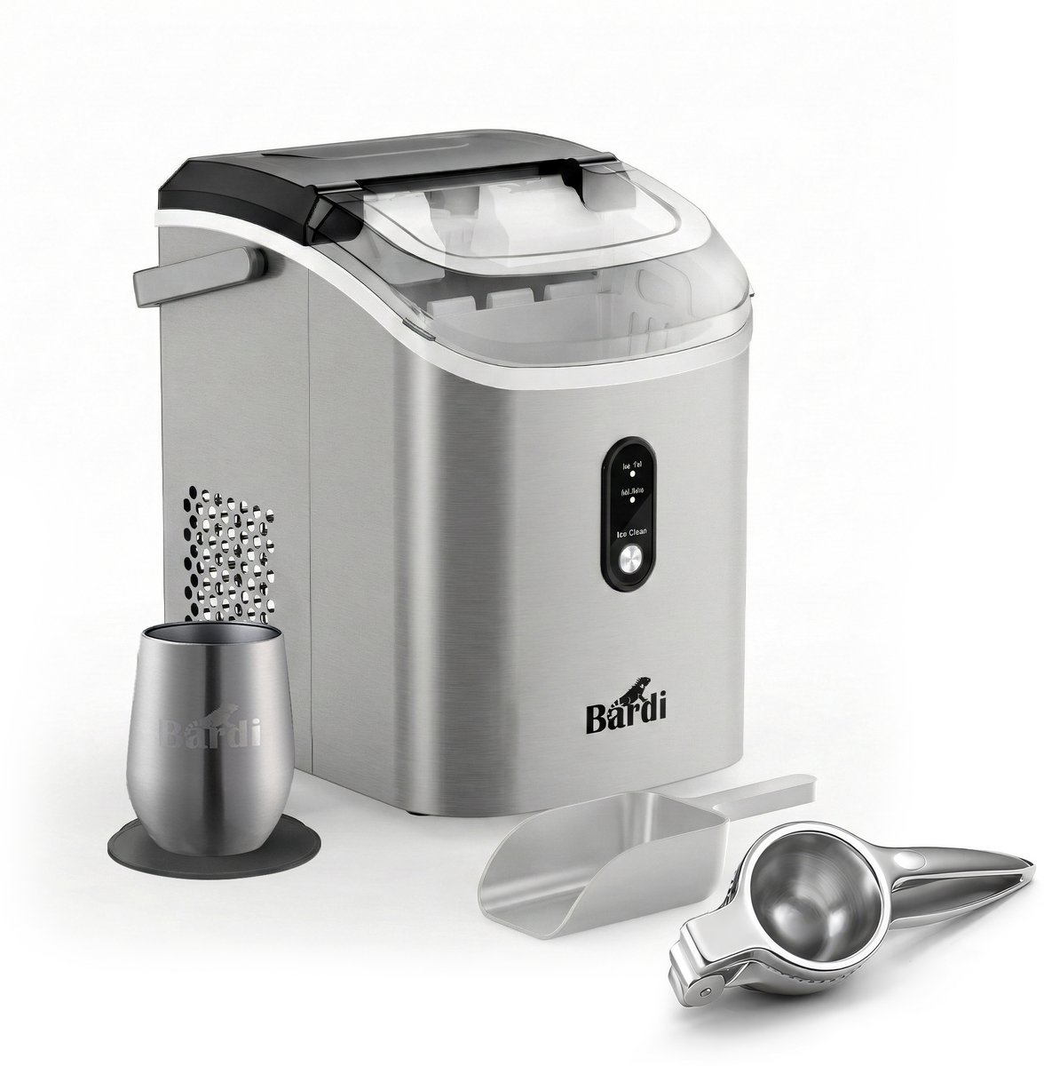 Bardi 1.1L - Nugget IJsblokjesmachine Rond - Crushed Ice Maker met IJsschep - 15kg/24 uur - Ijsblokjesmaker - Met Luxe Thermosbeker - RVS - Citruspers RVS