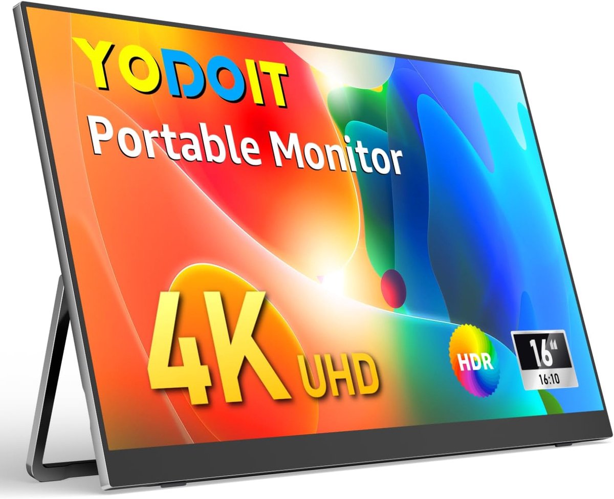 MELVRA Draagbare Monitor - 16 inch - Portable Monitor - 4K UHD - 3840x2400 - IPS Display - USB-C & Mini HDMI - Ingebouwde Luidsprekers - Inclusief Standaard - Laptop MacBook PC PS5 Xbox - Zwart
