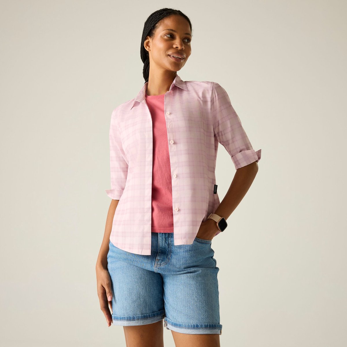 Dames Keralin overhemd met 3/4 mouwen en ruitpatroon Roze