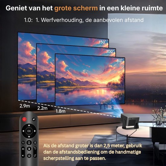 Mini Smart Beamer – 1080p Met 4K-ondersteuning, Autofocus, Verticale Trapeziumcorrectie, 260 ANSI, Android, Wifi, BT, 5W Speaker