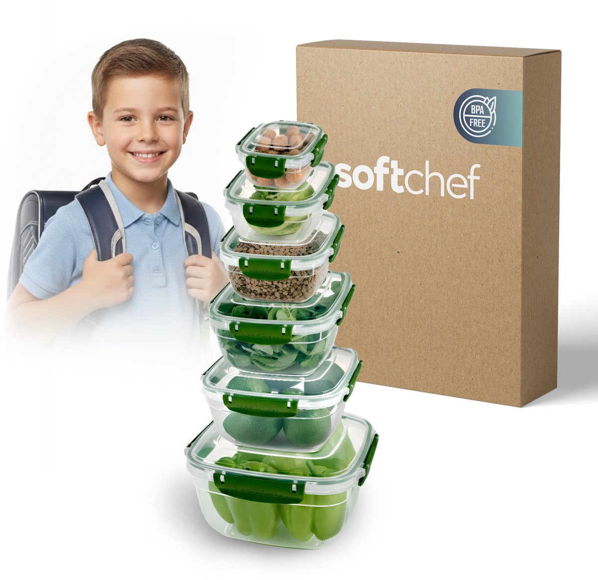 Soft Chef Lock&Fresh Vershoudbakjes Vierkant – 6-delig – 275-3750 ml – Lekvrij – BPA-vrij – Meal Prep – Groen