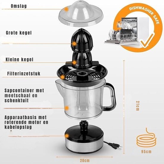 Zyrex® Citruspers Electrisch - Citruspers - Sinaasappelpers - Zilver en Zwart - 13cm x 15cm x 20cm van Merkloos — afbeelding 2