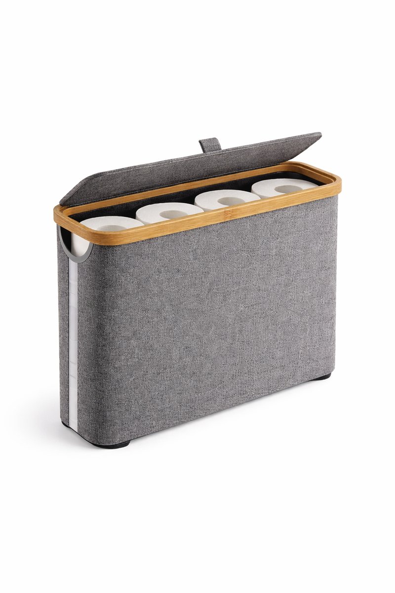 Bamboe Toiletpapier Opbergbox met Deksel Opvouwbaar Houten Frame Grijze Stoffen Mand Ruimtebesparend