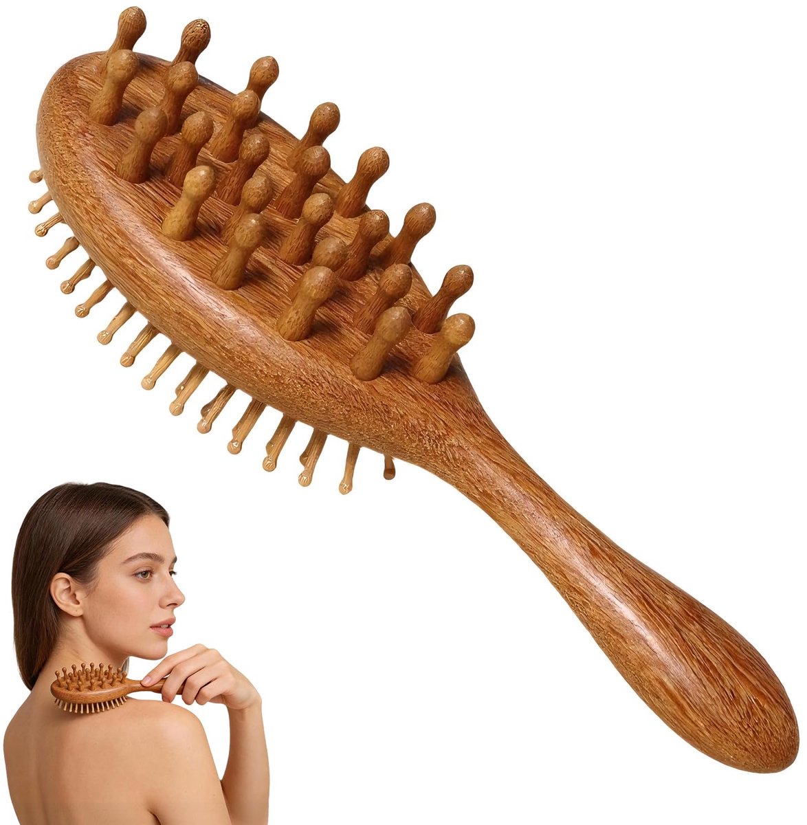 Hoofdhuidmassagekam – Borstel met luchtkussen – Kam – Hoofdmassageapparaat – Unisex – Hout – Bruin