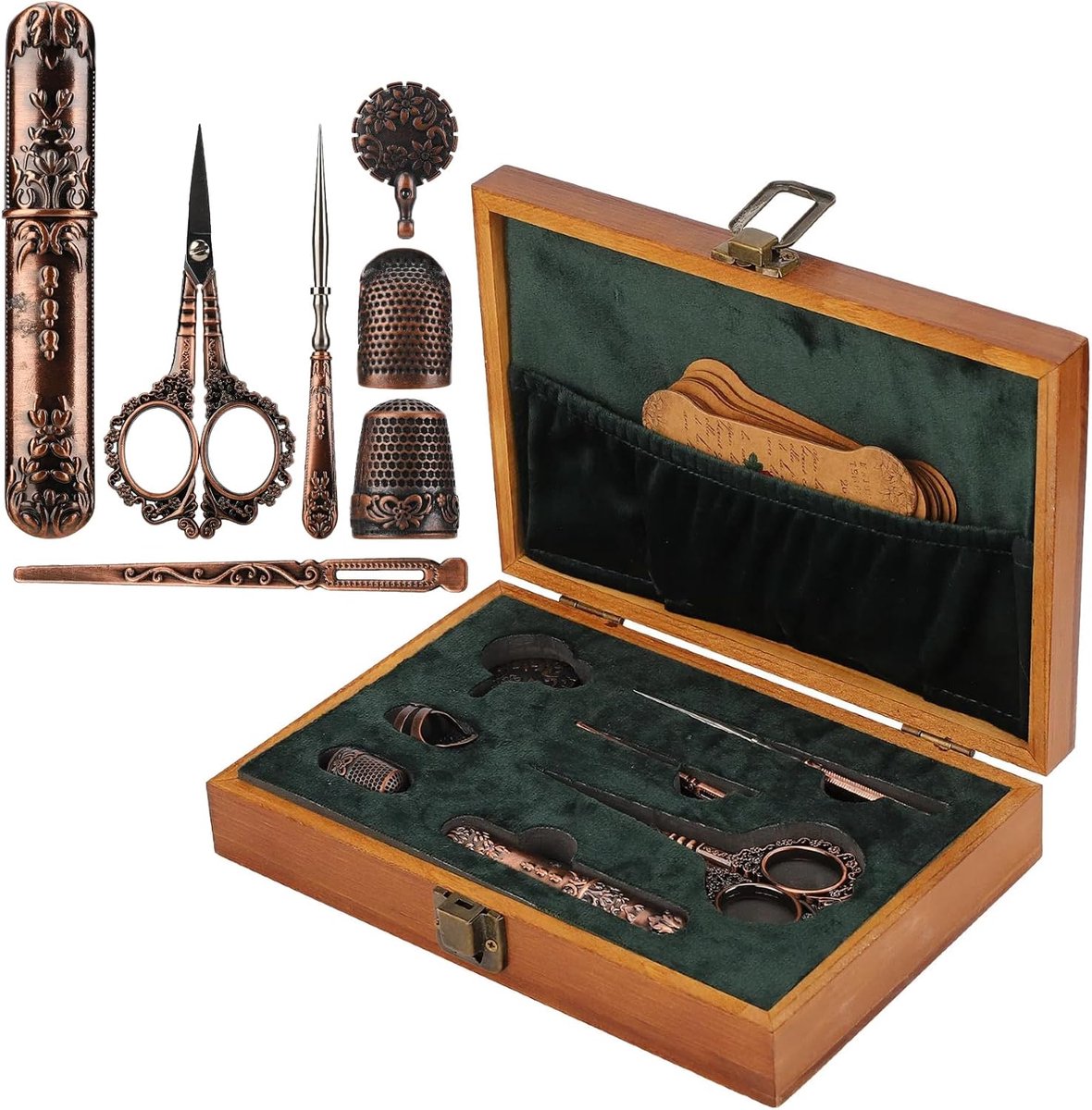 Naaiset Set - Borduurgereedschap - Handwerken - 7 Delig - 14 x 21 cm - Houtkleurig