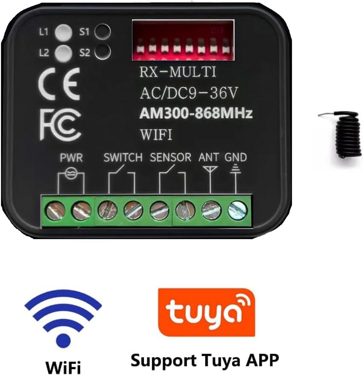 Universele Ontvanger - Poort Module - Garagedeur Bediening - Multi Frequentie 300-868 MHz - 8x8.5x5 cm - Zwart