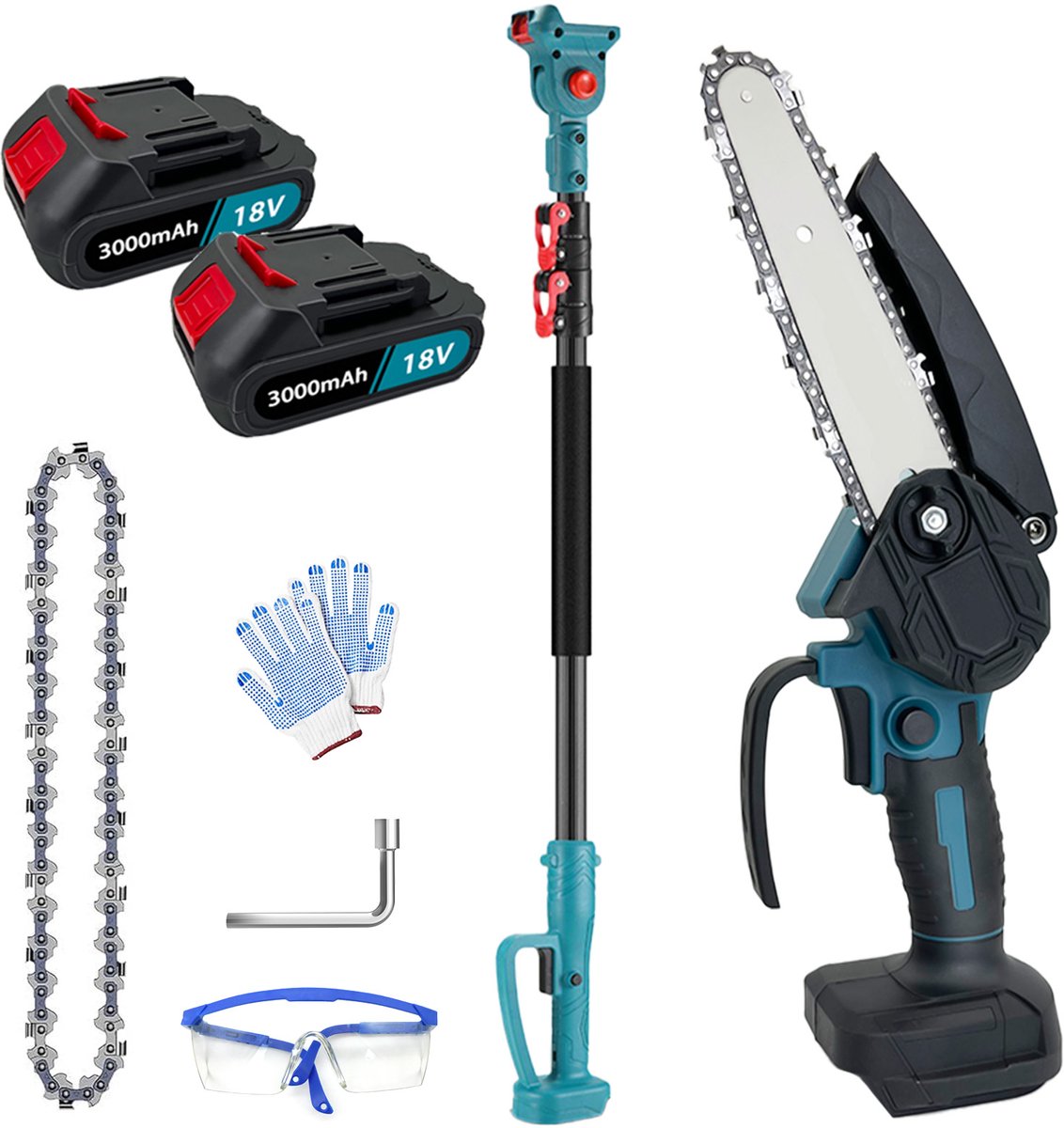 18V 6'' Kettingzaag Set met Verlengstang – Incl. 2×18V 3.0Ah Accu’s