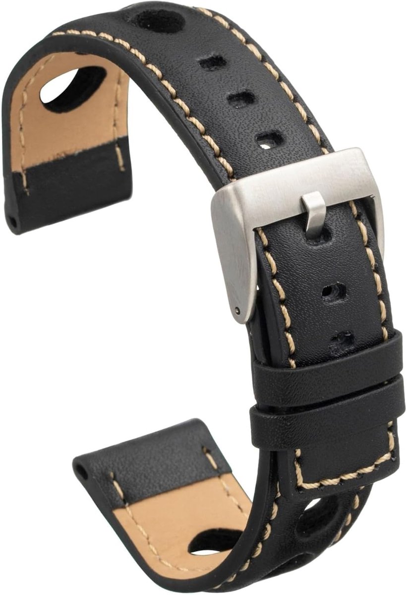 Horlogeband Leer - Rally Band - Klassieke Stijl - Geperforeerd Ontwerp - 20 22 24 mm - Zwart