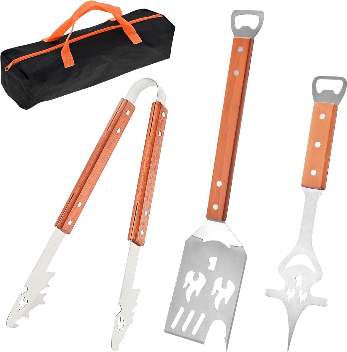 Grill Bestek Set - BBQ Accessoires - Buiten Koken - Houten Handvatten - 42 cm Lengte - Zilver