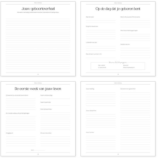 Pagina's uit een babyboek met de titels 'Jouw geboorteverhaal', 'De eerste week van jouw leven' en 'Op de dag dat je geboren bent'.