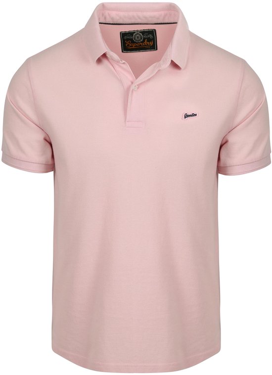 Roze poloshirt met Superdry logo, kraag met knoopjes.
