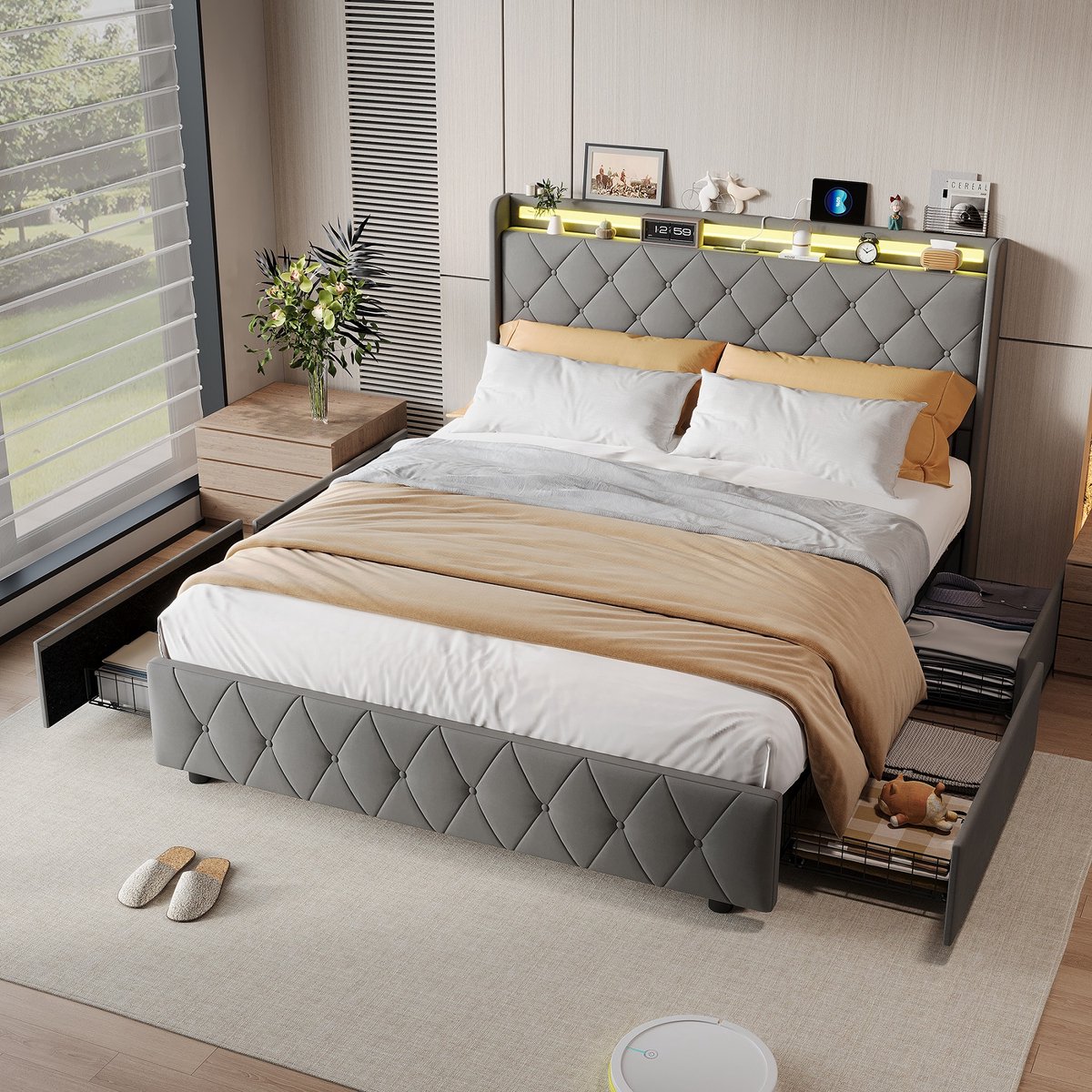 Modern opbergbed met ledverlichting en USB-oplaadpunt, 4 lades, 140/160x200cm, kinderbed, fluwelen stof, zonder matras