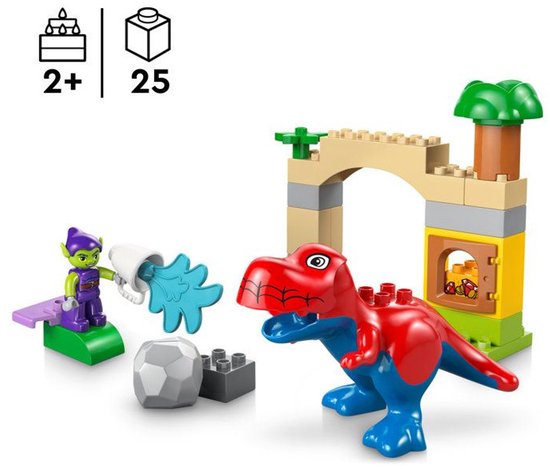 LEGO Duplo speelset met een rode en blauwe dinosaurus, groene goblin, fort en de tekst "2+ 25".