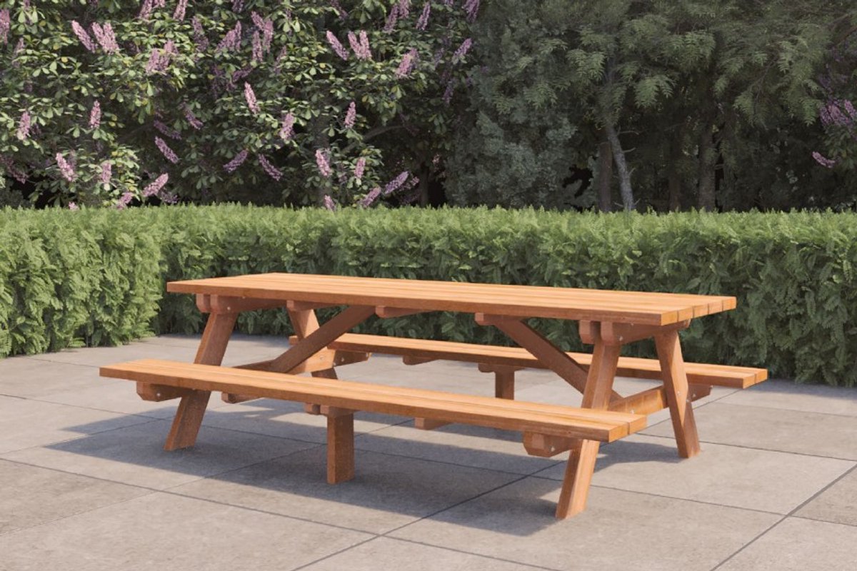 Rockwood® 6x Picknicktafel Hardhout Giant (4,5cm dik) 2.50m inclusief montage op locatie Naturel